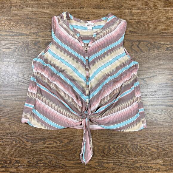 Ariat Sleeveless Blouse Womens Large Multicolor Striped Button Front Tie Knot - Picture 1 of 7